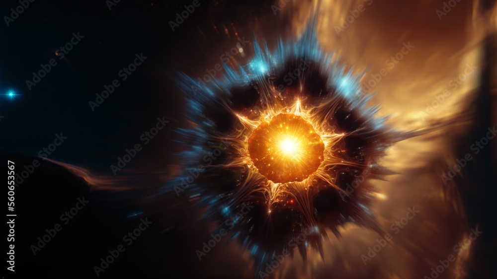 Fototapete View of the birth of a star in space during a nebula explosion. Nuclear fusion of cosmic clouds of gas and dusts. Universe background. Generative ai