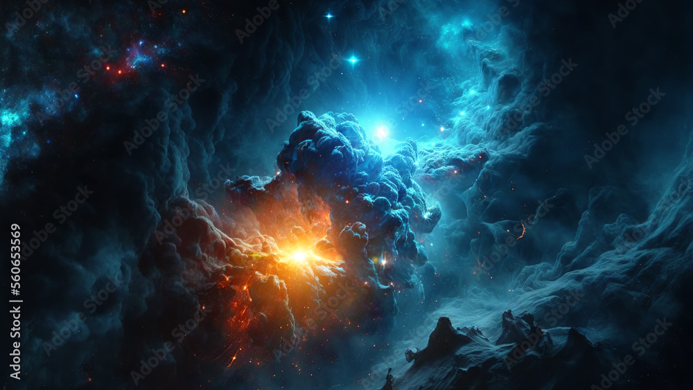 Poster large panoramic view of a colorful dark blue nebula in space. cosmic background with bright shining 