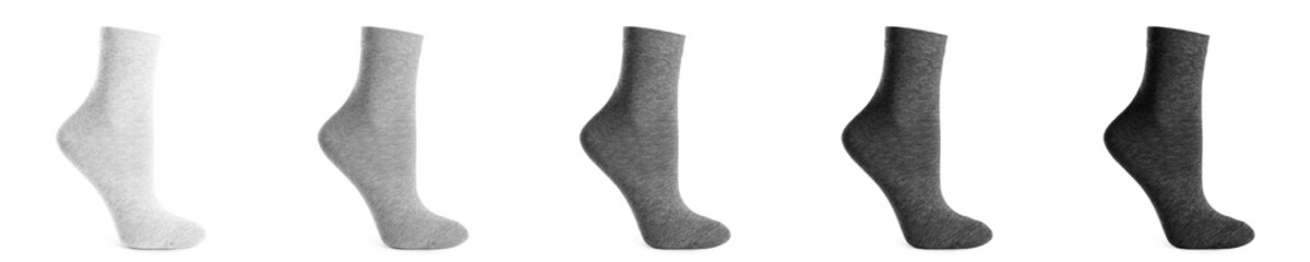 Set with different socks on white background. Banner design