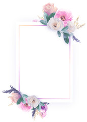 Beautiful wedding invitation card with frame, flowers and space for text on white background