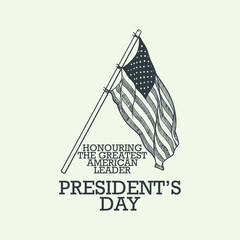 President day hand drawn vintage elements with big american flag isolated on white background.