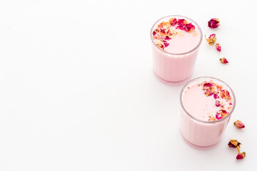 Pink red velvet latte tea or coffee. Cold healthy drink