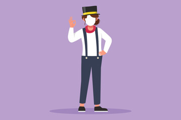 Graphic flat design drawing female mime artist standing with okay gesture, white make up face, makes audience laugh with silent comedy. Entertainment worker on work. Cartoon style vector illustration