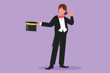 Cartoon flat style drawing beauty female magician standing in suit with okay gesture holding her hat and magic wand, performing tricks at circus show entertainment. Graphic design vector illustration