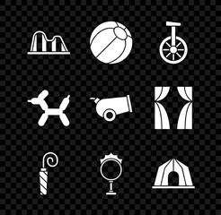Set Roller coaster, Beach ball, Unicycle or one wheel bicycle, Birthday party horn, Circus fire hoop, tent, Balloon dog and Cannon icon. Vector © Oksana