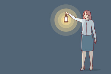 Woman in business attire stands holding out hand with vintage oil lantern to illuminate space in dark room. Girl in high heels walks at night lighting way with retro lamp. Flat vector design 