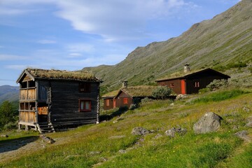 Traditional wooden turf houses in the Norwegian mountains.  Spiterstulen - Norwegian tourist hostel...
