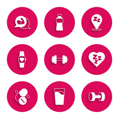 Set Dumbbell, Glass with water, Sleepy, Vitamin pill, Smart watch, and Bodybuilder muscle icon. Vector