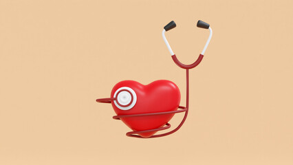 3D illustration. Red heart is bound with cute tube of stethoscope. Concept of heart check up. Clipping path.
