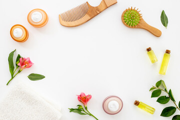 Frame of hair care and styling cosmetics, top view