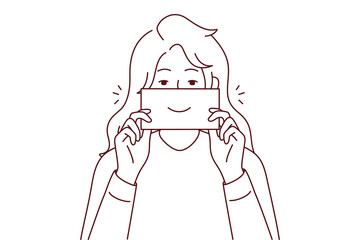 Smiling young woman holding paper with smile. Happy girl with note show smirk. Good mood and laughter. Vector illustration. 