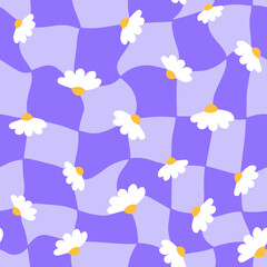 Distorted checkered with daisy flowers seamless pattern. Groovy 1970 retro grid psychedelic background. 1990 aesthetic vibe. Funky y2k square templates.