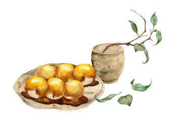 Watercolor hand drawn traditional Japanese sweets. Ceramic dish, wagashi with tea and leaves. Isolated on white background. Design for invitations, restaurant menu, greeting cards, print, textile