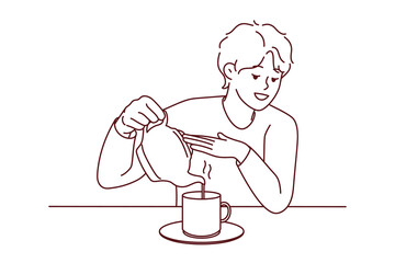 Young man sit at desk pouring tea in cup from kettle. Smiling guy enjoy warm coffee in mug at home. Vector illustration. 