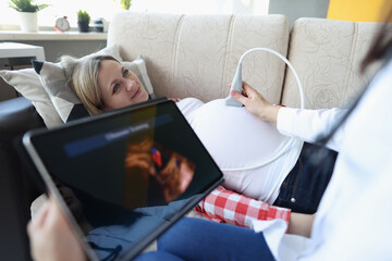 Gynecologist conducts ultrasound of pregnant woman at home