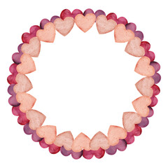 Watercolor hand drawn wreath of red, purple, pink and scarlet hearts for Valentine's day. Isolated on white background. Design for paper, love and greeting cards, textile, print, wallpaper, wedding