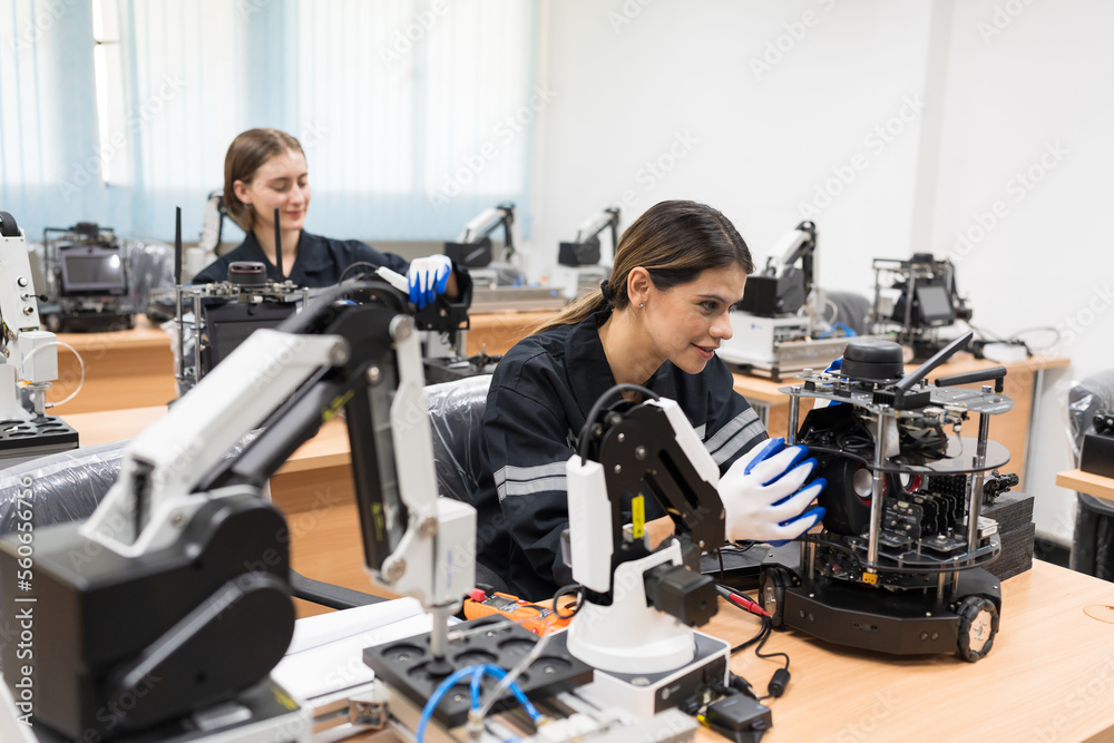 Wall mural Two female engineers worker training or maintenance AI Robot and Artificial Intelligence of Things (AIoT) service robot in the manufacturing automation and robotics academy room