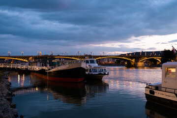 Panoramic view of Budapest from the river at sunset