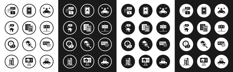 Set Car sharing, Calculator, House with dollar, Price negotiation, Online real estate, Rent and Time is money icon. Vector