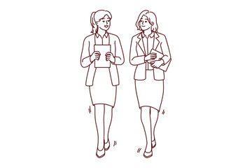 Businesswomen walking together talking discussing business ideas. Female employees with documents or paperwork in hands walk chatting. Vector illustration. 