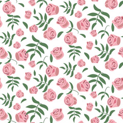 A pattern of pink rose buds with green twigs on a white background. Delicate background for printing on paper and textiles. Print for packaging, postcards for Mother's Day, Valentine's Day, birthday