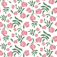 A pattern of pink rose buds with green twigs on a white background. Delicate background for printing on paper and textiles. Print for packaging, postcards for Mother's Day, Valentine's Day, birthday