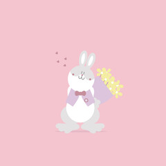 animal pet bunny rabbit and flower, valentine’s day, happy easter, flat vector illustration cartoon character