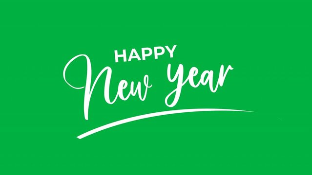 Happy New Year animation on green screen. Animated Text in white and black color. Handwritten Lettering for Postcard, Poster, Banner Design Element.