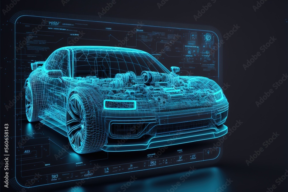 Poster Diagnostic Auto in HUD style. Scan Automobile in 3D visualisation hologram. 3D illustration	
