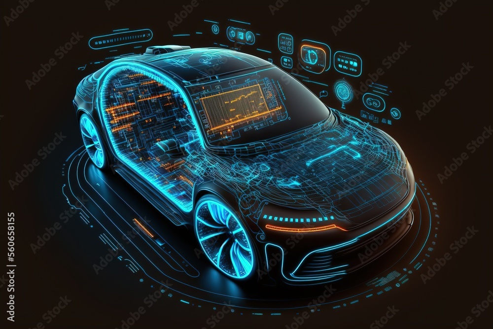 Poster Diagnostic Auto in HUD style. Scan Automobile in 3D visualisation hologram. 3D illustration	
