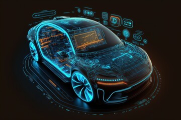 Diagnostic Auto in HUD style. Scan Automobile in 3D visualisation hologram. 3D illustration	
