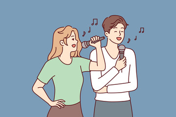 Man and woman with microphones perform song while enjoying karaoke break on day off. Couple of guy and girl dream of becoming famous singers, train performance of famous songs. Flat vector image