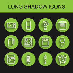 Set line Coffee machine with glass pot, Stereo speaker, Microwave oven, Blender, Alarm clock, Gas stove, Table lamp and Oven icon. Vector