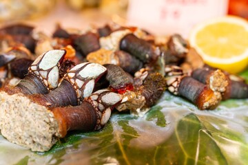 Selective focus on the left central part of the Barnacle Barnacle (Pollicipes pollicipes), with defocused background in a market in Vigo (Spain).