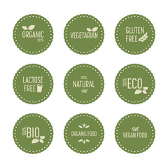 Healthy organic green icons. Gluten free, lactose free, vegan and vegetarian, vector illustration