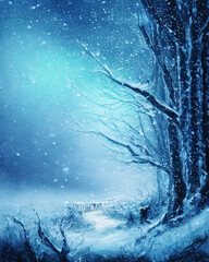 Snowing in the forest in winter evening, generative AI. AI generated illustration for idyllic wintertime scenery.