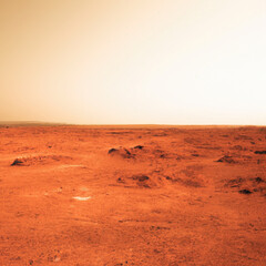 Landscape of deserted red planet surface that looks like Mars, generative ai. AI generated illustration of dusty and rocky scenery of lifeless desert.