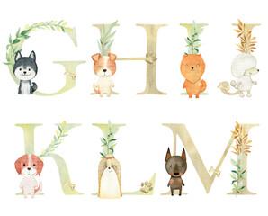 Naklejka premium Watercolor dogs letters for invitation card, nursery poster and other.