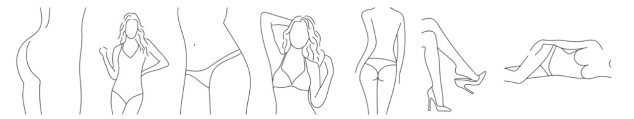Collection of simple minimalistic erotic nude silhouettes of women and underwear, sexy legs in high heel shoes on a white background