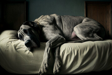 Beautiful grey Great Dane sleeping on a bed, generative AI, digital art - obrazy, fototapety, plakaty