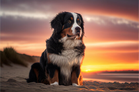 Majestic Berner Senner dog against gorgeous sunset, generative AI, digital art