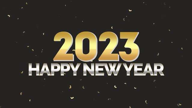 2023 years and Happy New Year with gold confetti on black gradient, motion abstract holidays, awards, happy new year and winter style background