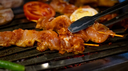 Barbecue vegetables and meat chicken, beef and cutlets front view