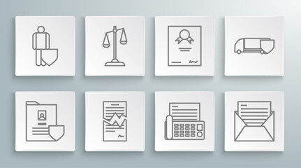 Set line Document with shield, Scales of justice, Torn contract, Fax machine, Mail and e-mail, Certificate template, Delivery cargo truck and Life insurance icon. Vector