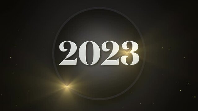 2023 on black circle and gold glitters on black gradient, motion abstract holidays, awards, happy new year and winter style background