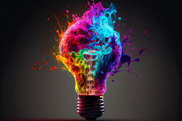 a colorful glowing idea bulb lamp isolated on black background, visualization of brainstorming, bright idea and creative thinking, generative ai