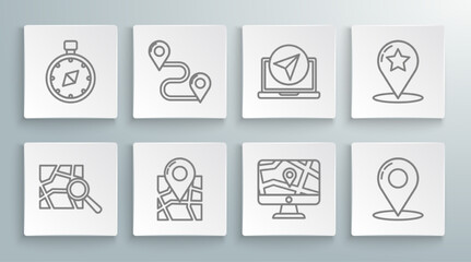 Set line Folded map with location marker, Route, Monitor and folded, Map pin, Infographic of city navigation, pointer star and Compass icon. Vector