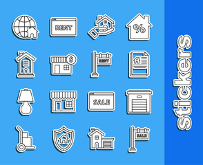 Set line Hanging sign with text Sale, Garage, House contract, Realtor, dollar symbol, Home, Globe house and Rent icon. Vector