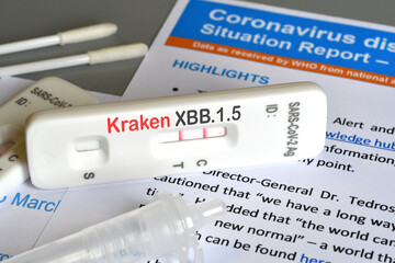 SARS‑CoV‑2 antigen test kit for self testing with positive result and text Kraken XBB.1.5....