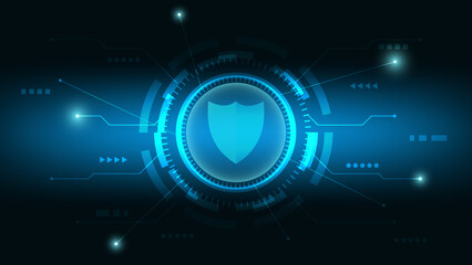 cyber security and data protection concept. shield with hi tech circle and futuristic line on blue lighting background
